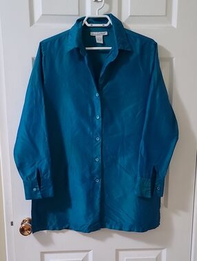 Vintage Anna and Frank 100% Silk Blouse Irridescent Teal Turquoise 90's Y2K